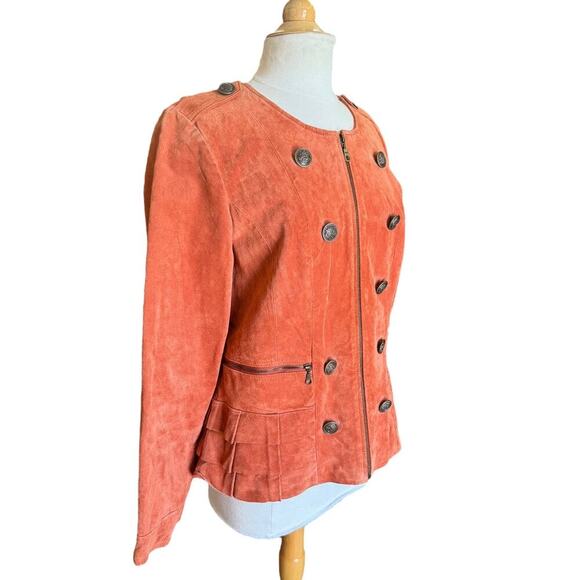 Burnt Orange Suede Leather Jacket w Ruffles & Large Buttons by Prosper & Devine - Picture 6 of 9